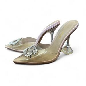 Fashion Nova Clear PVC Rhinestone Mule Heels Pink Lucite Flared Heel Size 6